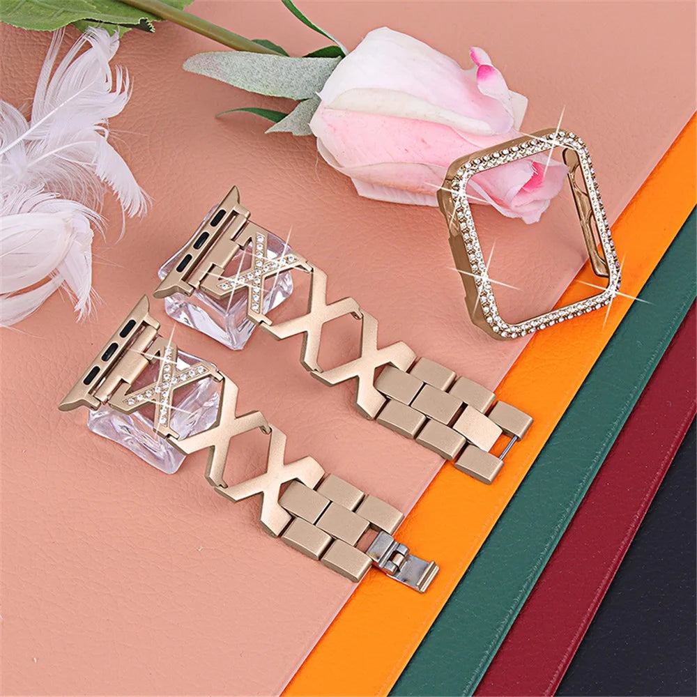 2-in-1 Stainless Steel Rhinestone Protective Watch Case Cover + X Design Watch Band for Apple Watch Series 7 45mm - Gold - 6