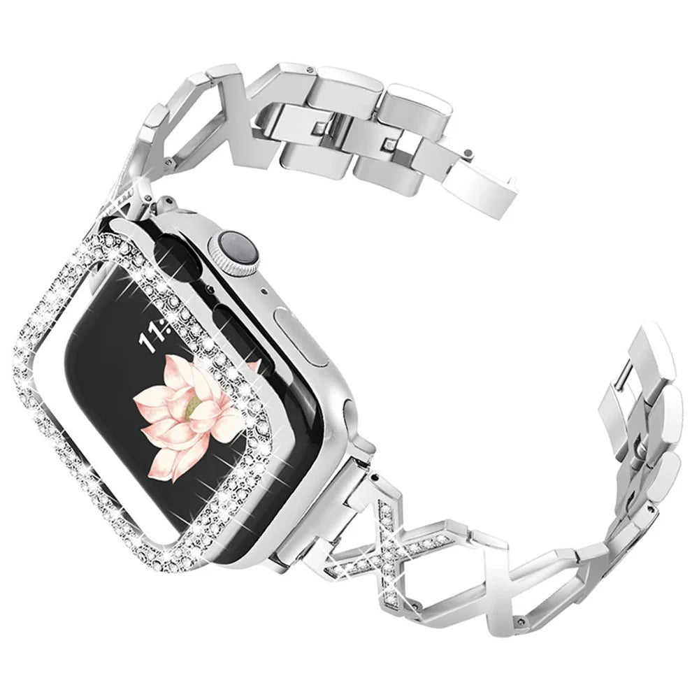 Fashion Women Rhinestone Decor Hollow X Design Stainless Steel Watch Strap and Watch Case Cover for Apple Watch Series 7 45mm - Silver - 1
