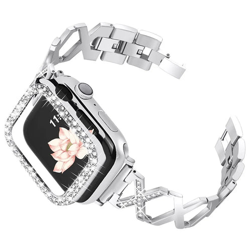 Fashion Women Rhinestone Decor Hollow X Design Stainless Steel Watch Strap and Watch Case Cover for Apple Watch Series 7 45mm - Silver - 1
