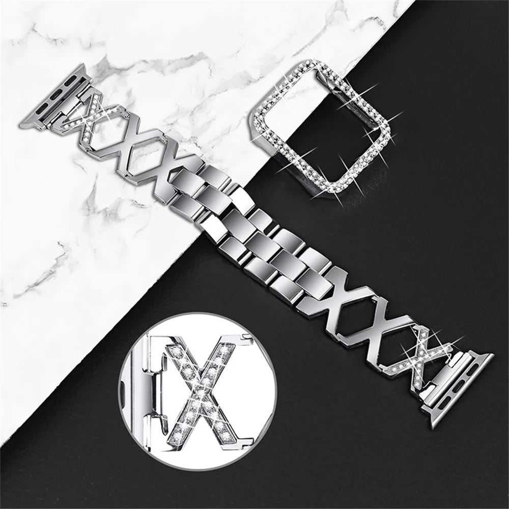 Fashion Women Rhinestone Decor Hollow X Design Stainless Steel Watch Strap and Watch Case Cover for Apple Watch Series 7 45mm - Silver - 2