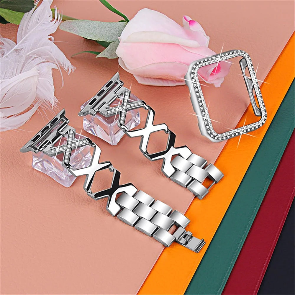 Fashion Women Rhinestone Decor Hollow X Design Stainless Steel Watch Strap and Watch Case Cover for Apple Watch Series 7 45mm - Silver - 3