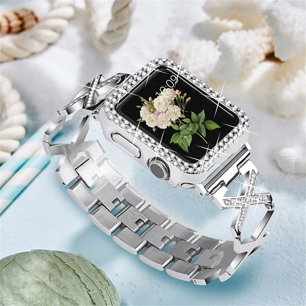 Fashion Women Rhinestone Decor Hollow X Design Stainless Steel Watch Strap and Watch Case Cover for Apple Watch Series 7 45mm - Silver - 4