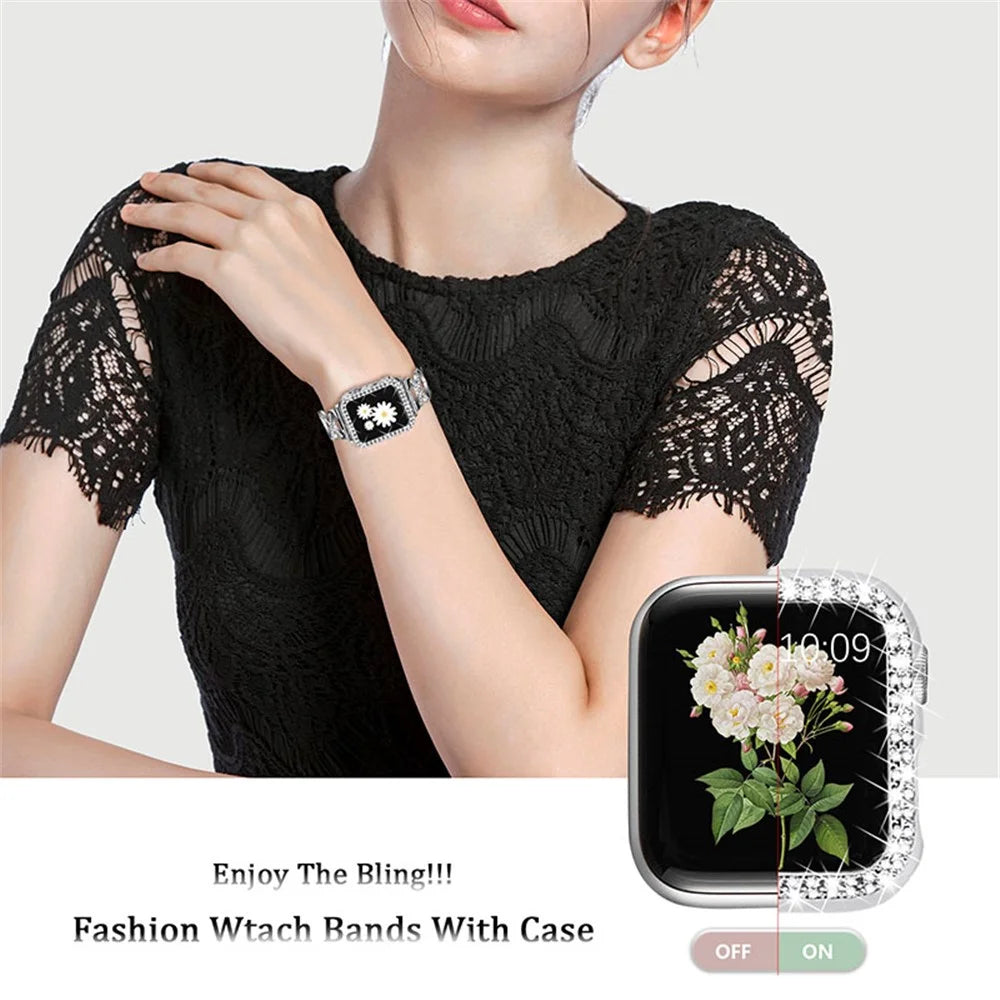 Fashion Women Rhinestone Decor Hollow X Design Stainless Steel Watch Strap and Watch Case Cover for Apple Watch Series 7 45mm - Silver - 5
