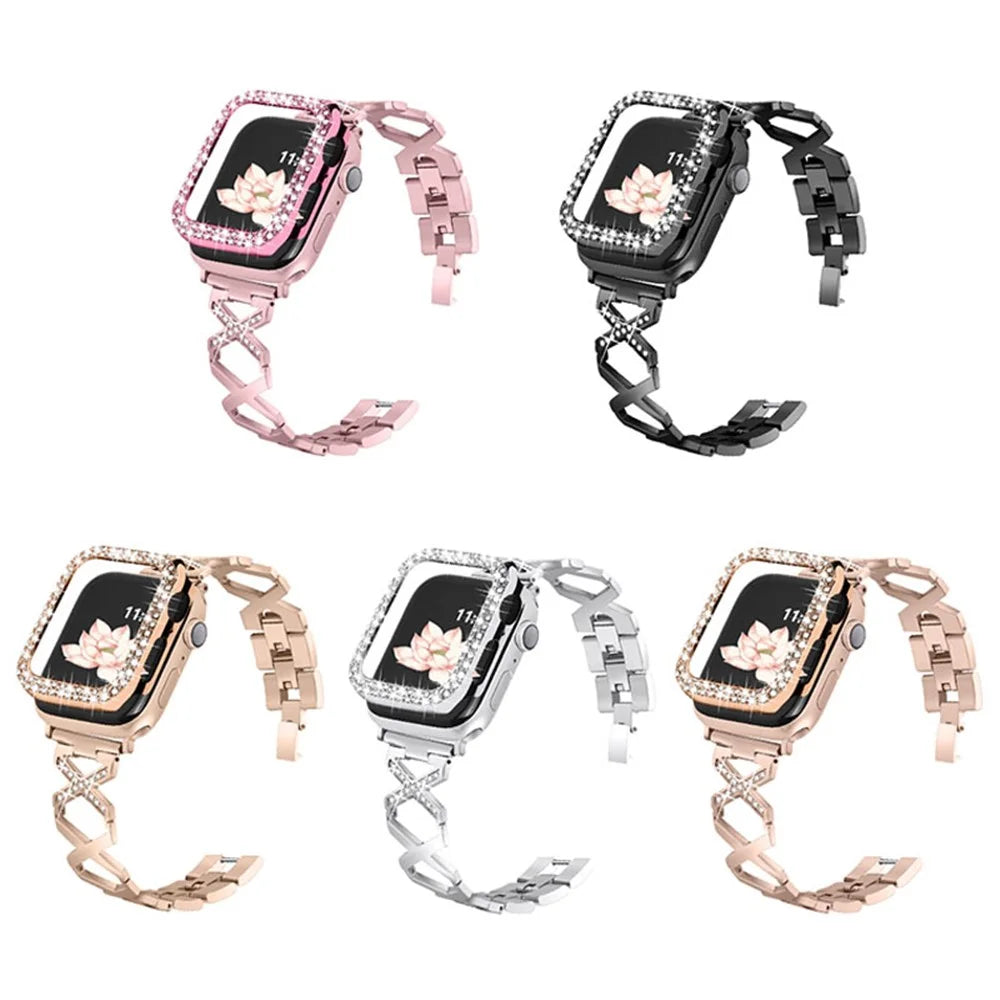 Fashion Women Rhinestone Decor Hollow X Design Stainless Steel Watch Strap and Watch Case Cover for Apple Watch Series 7 45mm - Silver - 7