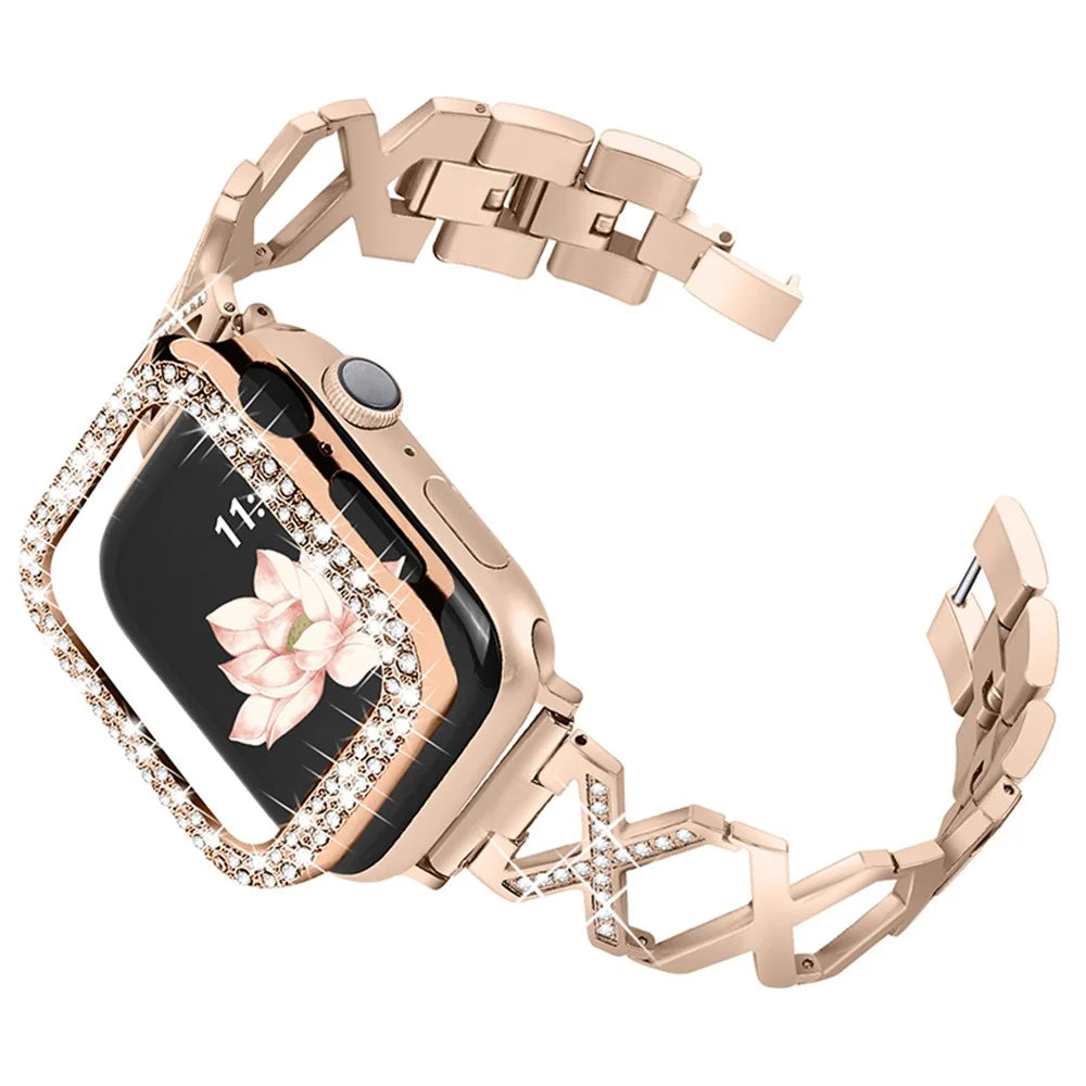 Stainless Steel Rhinestone Decor Watch Case Cover + X Design Watch Band Strap for Apple Watch SE 44mm / SE (2022) 44mm / Watch Series 4 / 5 / 6 44mm - Gold - 1