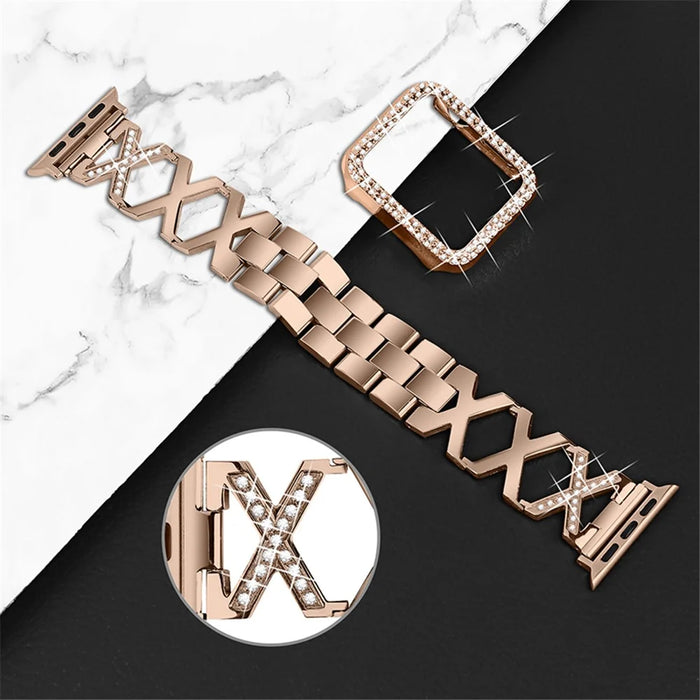 Stainless Steel Rhinestone Decor Watch Case Cover + X Design Watch Band Strap for Apple Watch SE 44mm / SE (2022) 44mm / Watch Series 4 / 5 / 6 44mm - Gold - 2