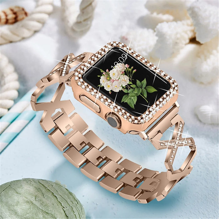 Stainless Steel Rhinestone Decor Watch Case Cover + X Design Watch Band Strap for Apple Watch SE 44mm / SE (2022) 44mm / Watch Series 4 / 5 / 6 44mm - Gold - 3