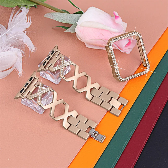 Stainless Steel Rhinestone Decor Watch Case Cover + X Design Watch Band Strap for Apple Watch SE 44mm / SE (2022) 44mm / Watch Series 4 / 5 / 6 44mm - Gold - 6