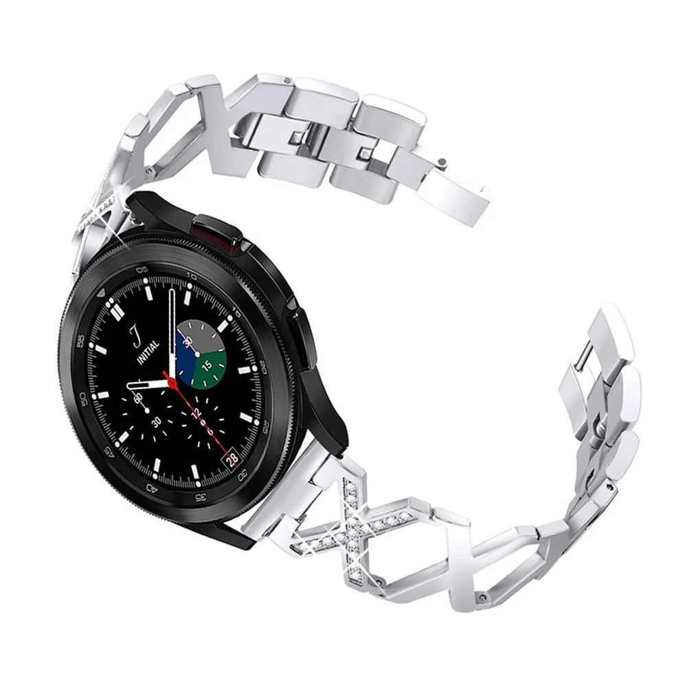 22mm Women Hollow X Design Stainless Steel Wrist Strap Watchband with Rhinestone Decor for Samsung Galaxy Watch3 45mm/Galaxy Watch 46mm - Silver - 1