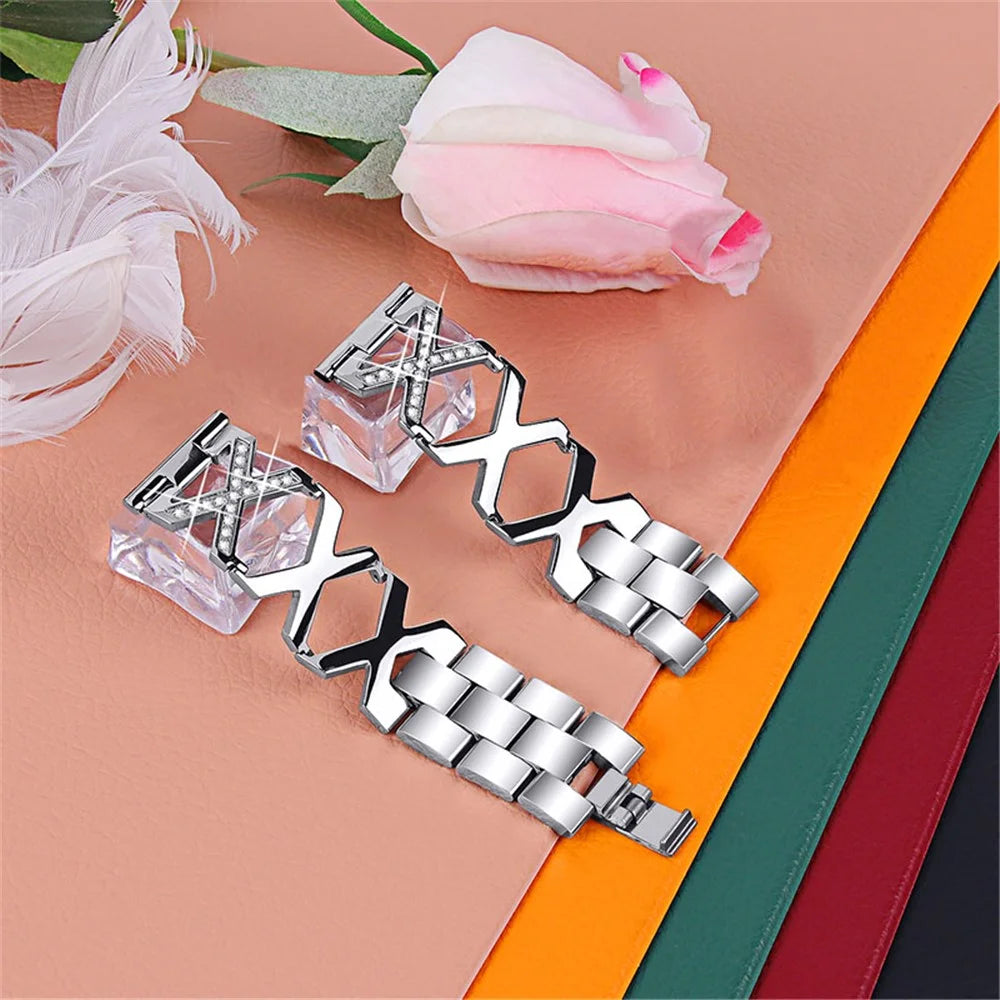 22mm Women Hollow X Design Stainless Steel Wrist Strap Watchband with Rhinestone Decor for Samsung Galaxy Watch3 45mm/Galaxy Watch 46mm - Silver - 3