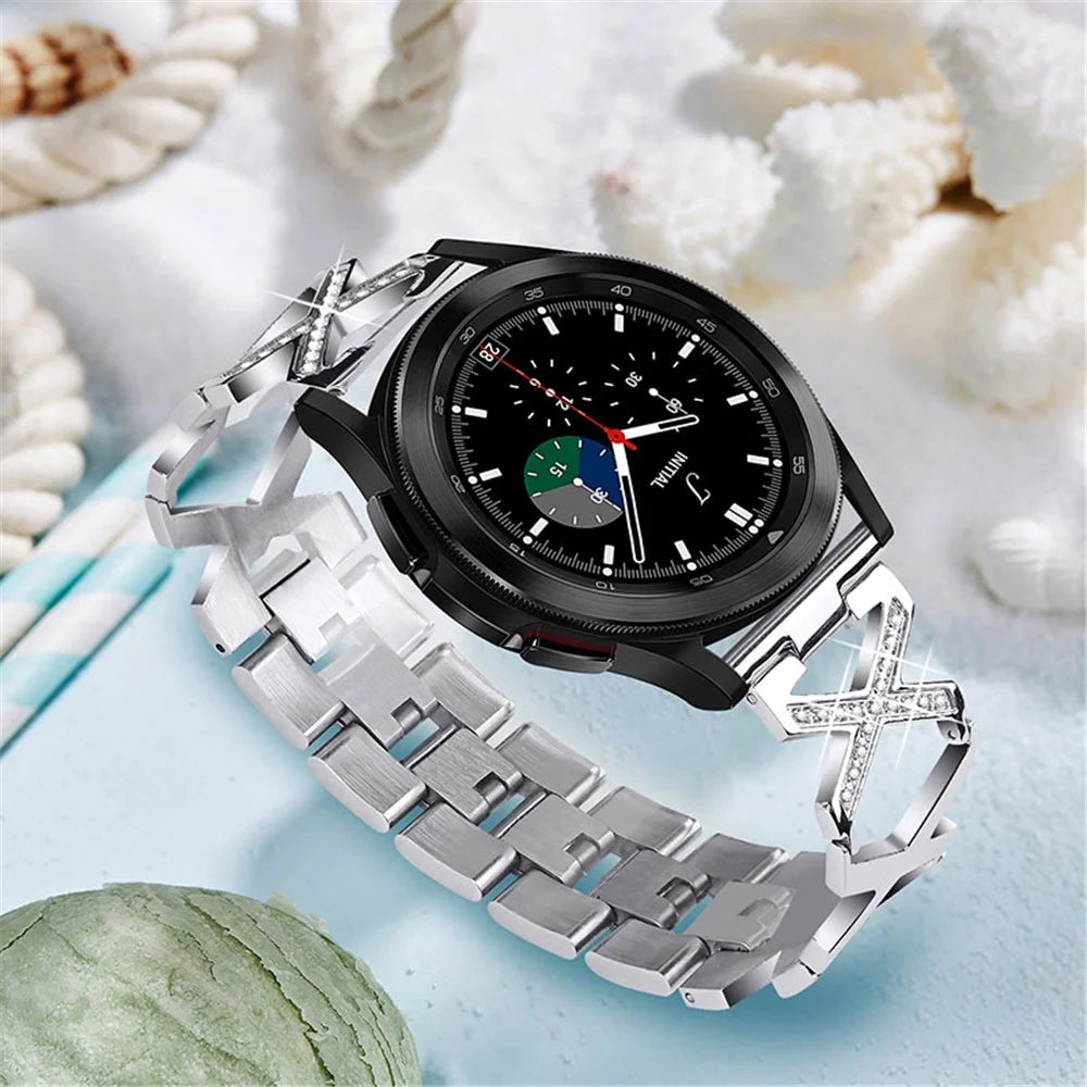 22mm Women Hollow X Design Stainless Steel Wrist Strap Watchband with Rhinestone Decor for Samsung Galaxy Watch3 45mm/Galaxy Watch 46mm - Silver - 4
