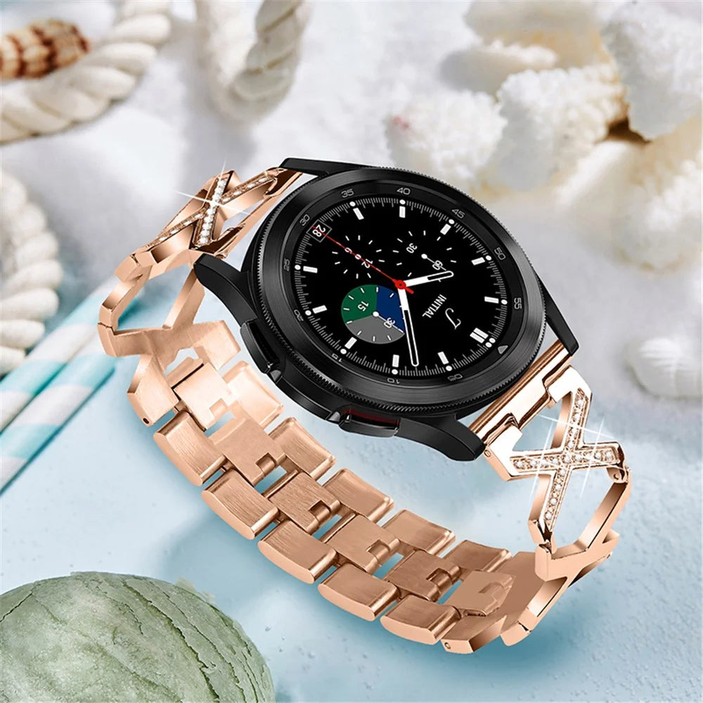 22mm Stainless Steel X Design Bracelet Style Watch Band Rhinestone Wrist Strap for Samsung Galaxy Watch3 45mm/Galaxy Watch 46mm - Rose Gold - 4