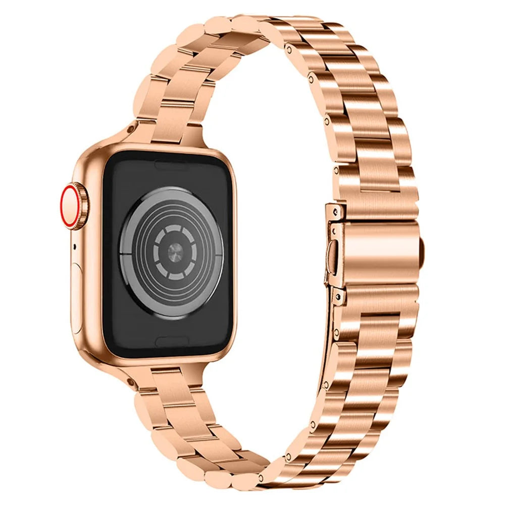 Stainless Steel 3 Beads Wrist Strap Watchband with Double Folding Buckle for Apple Watch Series 10 46mm / Ultra 2 Ultra 49mm / 9 8 7 45mm / SE (2023) SE (2022) SE 6 5 4 44mm / 3 2 1 42mm - Rose Gold - 1