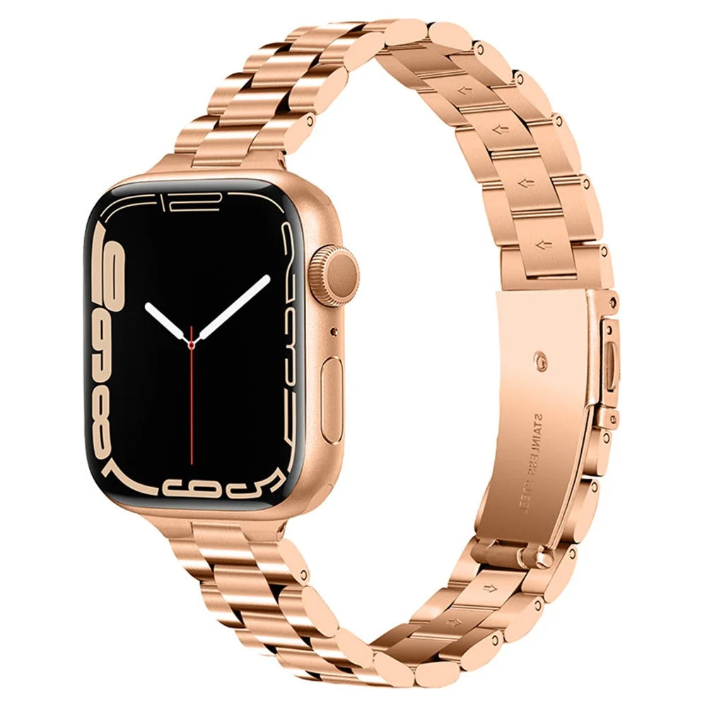 Stainless Steel 3 Beads Wrist Strap Watchband with Double Folding Buckle for Apple Watch Series 10 46mm / Ultra 2 Ultra 49mm / 9 8 7 45mm / SE (2023) SE (2022) SE 6 5 4 44mm / 3 2 1 42mm - Rose Gold - 2