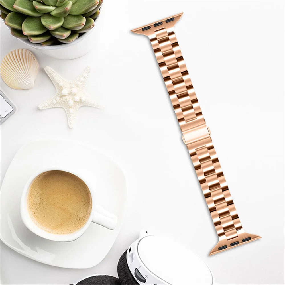 Stainless Steel 3 Beads Wrist Strap Watchband with Double Folding Buckle for Apple Watch Series 10 46mm / Ultra 2 Ultra 49mm / 9 8 7 45mm / SE (2023) SE (2022) SE 6 5 4 44mm / 3 2 1 42mm - Rose Gold - 4
