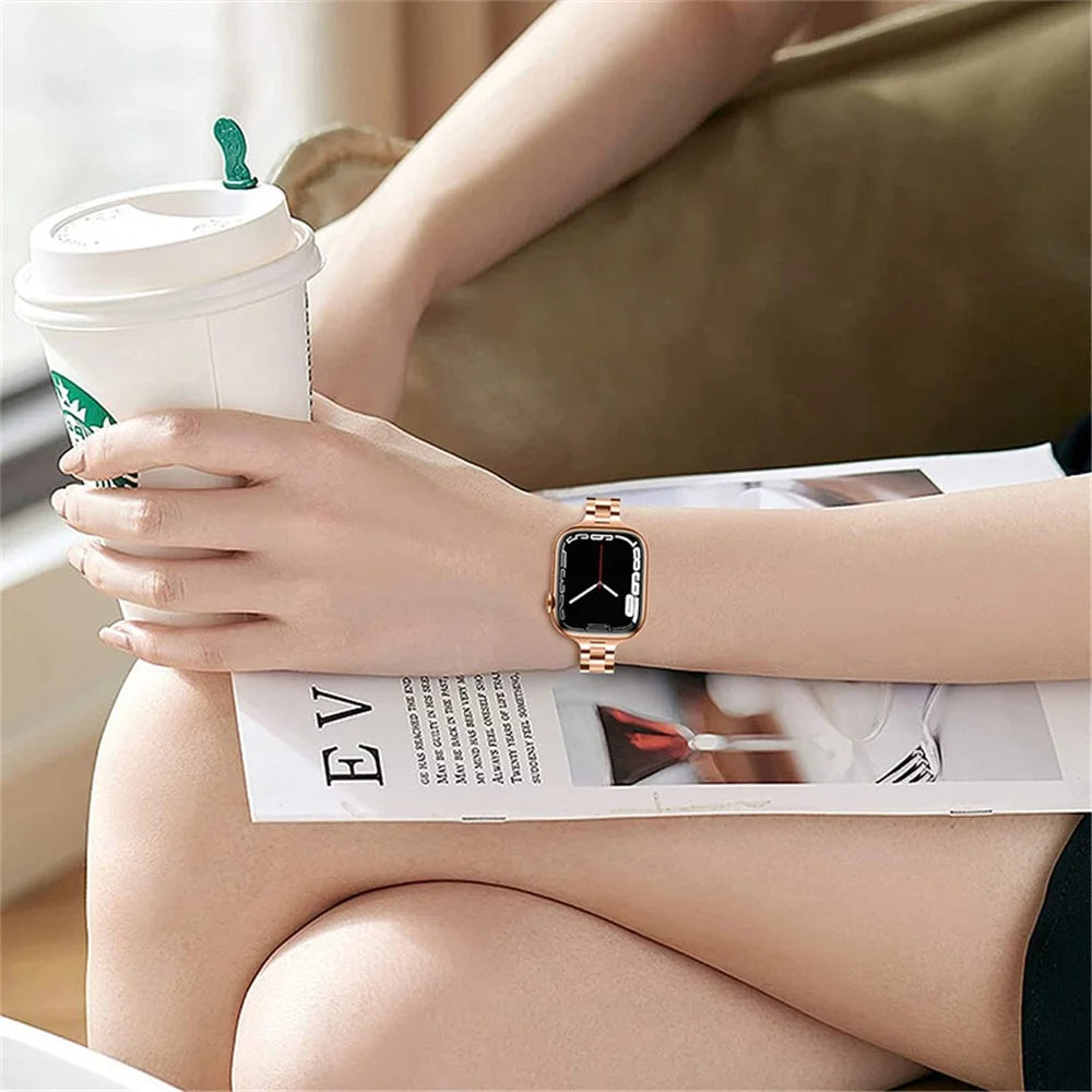 Stainless Steel 3 Beads Wrist Strap Watchband with Double Folding Buckle for Apple Watch Series 10 46mm / Ultra 2 Ultra 49mm / 9 8 7 45mm / SE (2023) SE (2022) SE 6 5 4 44mm / 3 2 1 42mm - Rose Gold - 5