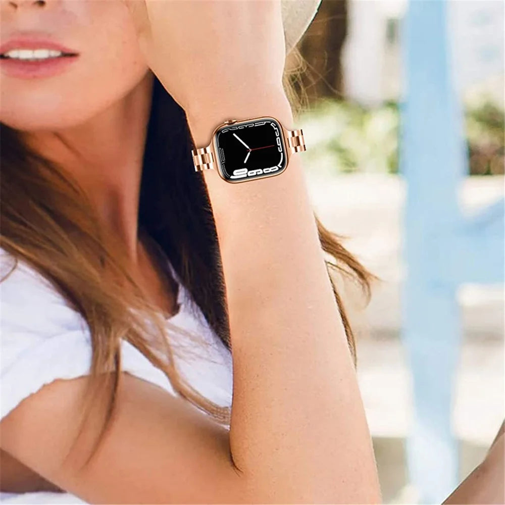 Stainless Steel 3 Beads Wrist Strap Watchband with Double Folding Buckle for Apple Watch Series 10 46mm / Ultra 2 Ultra 49mm / 9 8 7 45mm / SE (2023) SE (2022) SE 6 5 4 44mm / 3 2 1 42mm - Rose Gold - 6
