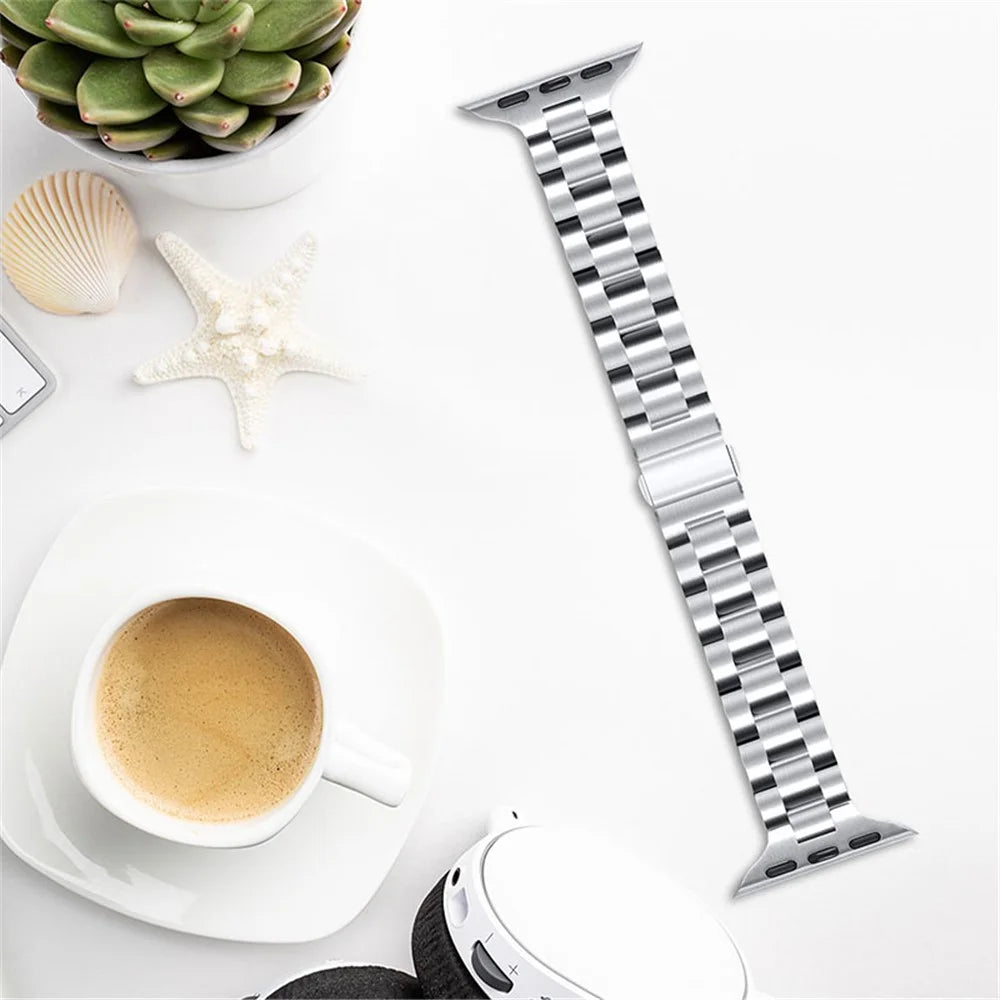 Smart Watch Stainless Steel 3 Beads Wrist Strap Watchband with Double Folding Buckle for Apple Watch Ultra 3 2 1 49mm / Series 11 10 46mm / 9 8 7 45mm / SE3 SE2 SE 6 5 4 44mm / 3 2 1 42mm - Silver - 4