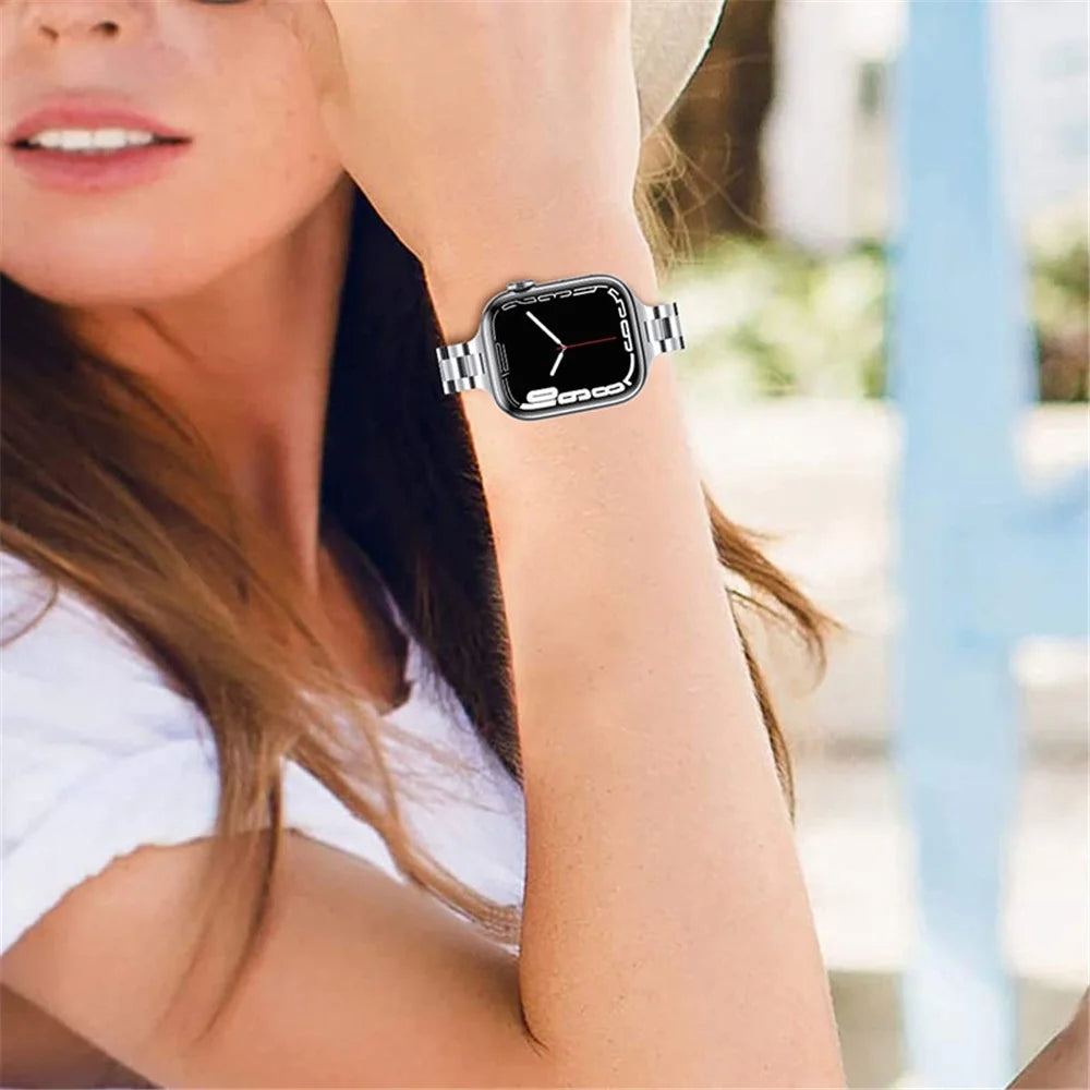 Smart Watch Stainless Steel 3 Beads Wrist Strap Watchband with Double Folding Buckle for Apple Watch Ultra 3 2 1 49mm / Series 11 10 46mm / 9 8 7 45mm / SE3 SE2 SE 6 5 4 44mm / 3 2 1 42mm - Silver - 6