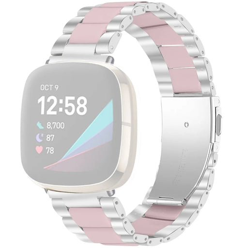 Fashion Resin + Stainless Steel Bracelet Smart Watch Wrist Band for Fitbit Versa 3/Fitbit Sense - Silver/Pink - 1