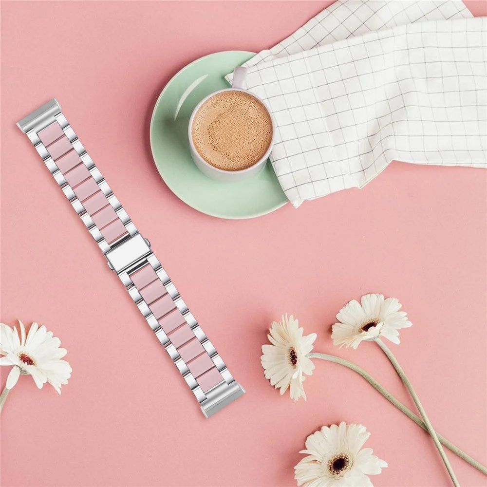 Fashion Resin + Stainless Steel Bracelet Smart Watch Wrist Band for Fitbit Versa 3/Fitbit Sense - Silver/Pink - 4