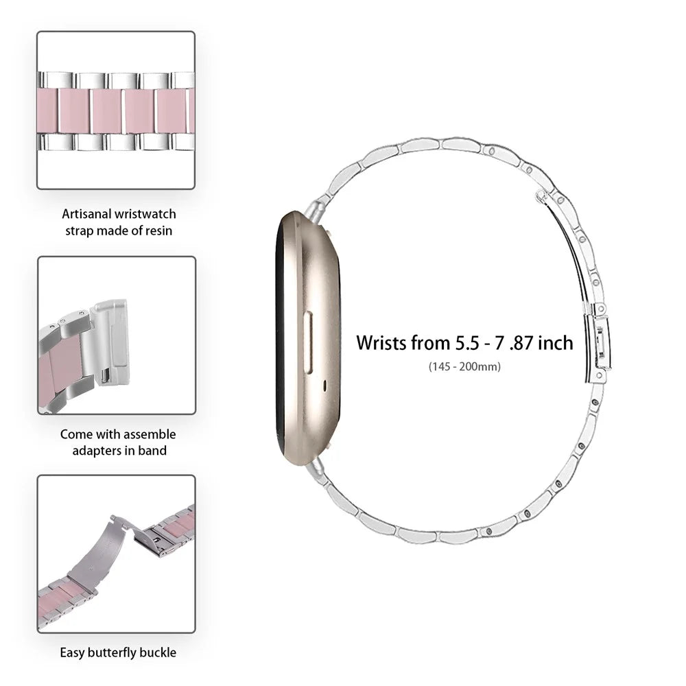 Fashion Resin + Stainless Steel Bracelet Smart Watch Wrist Band for Fitbit Versa 3/Fitbit Sense - Silver/Pink - 5