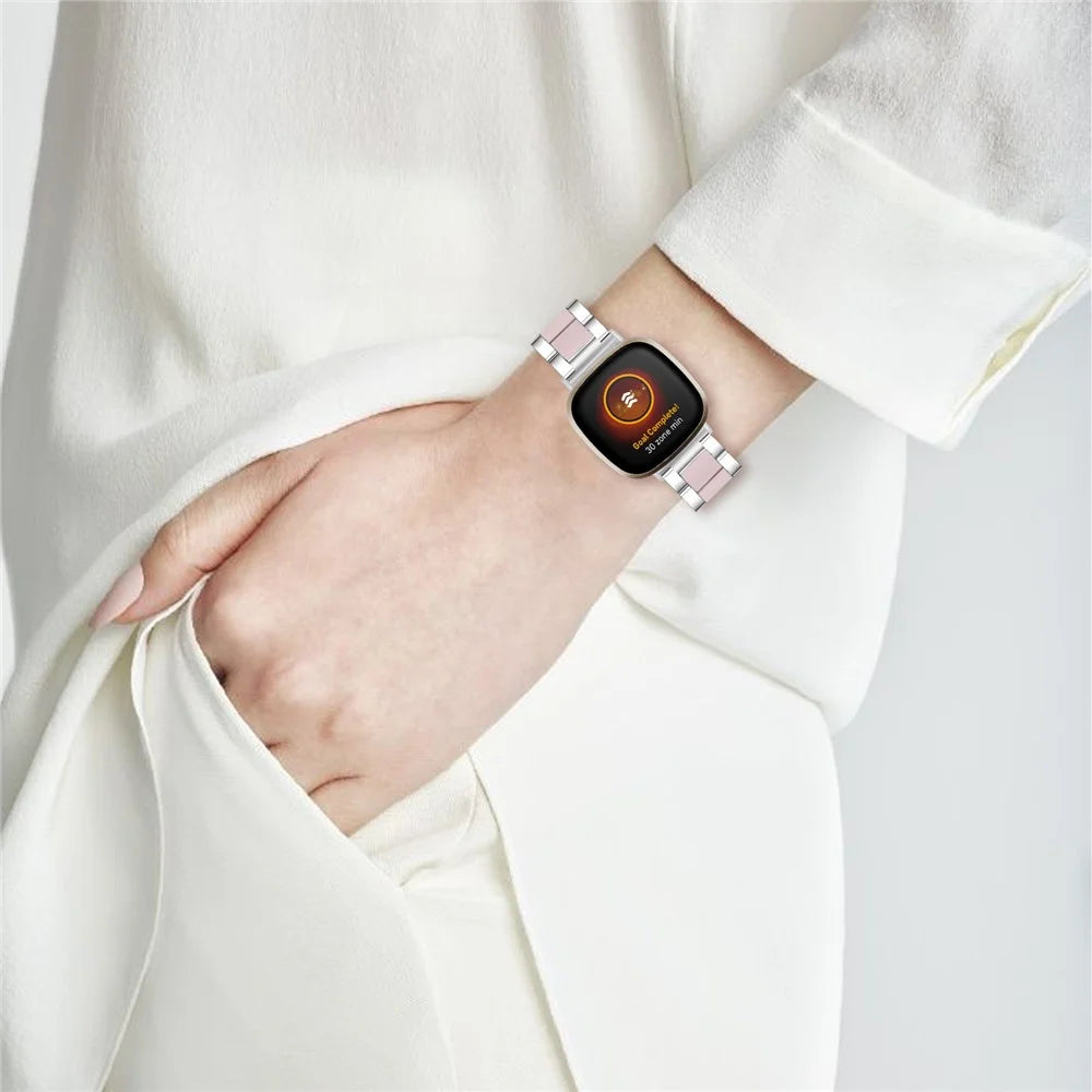 Fashion Resin + Stainless Steel Bracelet Smart Watch Wrist Band for Fitbit Versa 3/Fitbit Sense - Silver/Pink - 6