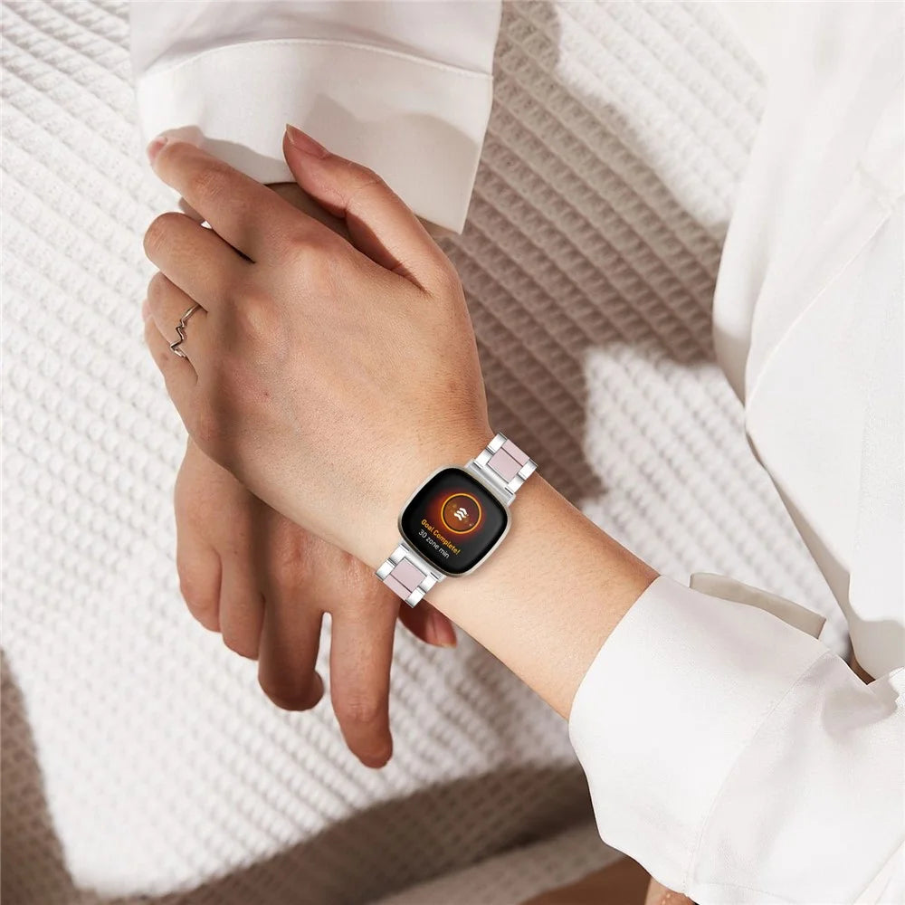 Fashion Resin + Stainless Steel Bracelet Smart Watch Wrist Band for Fitbit Versa 3/Fitbit Sense - Silver/Pink - 7