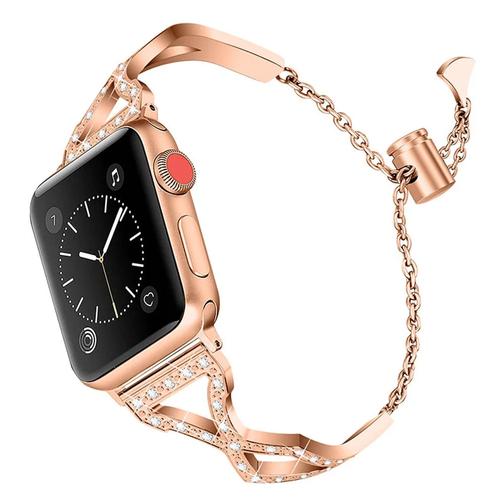Rhinestone Stainless Steel Metal Watch Band Bracelet Strap Replacement for Apple Watch Ultra 2 49mm / Series 9 45mm / SE (2023) 44mm / Ultra 49mm / Series 8 45mm / 7 45mm / SE 44mm / SE (2022) 44mm / Series 6 / 5 / 4 44mm / Series 3 / 2 / 1 42mm - Rose - 3
