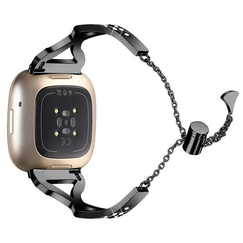 Hollow Out Rhinestone Decor 304 Stainless Steel Smart Watch Strap Women Slide Bracelet Wristband for Fitbit Versa 3/Fitbit Sense - Black - 1