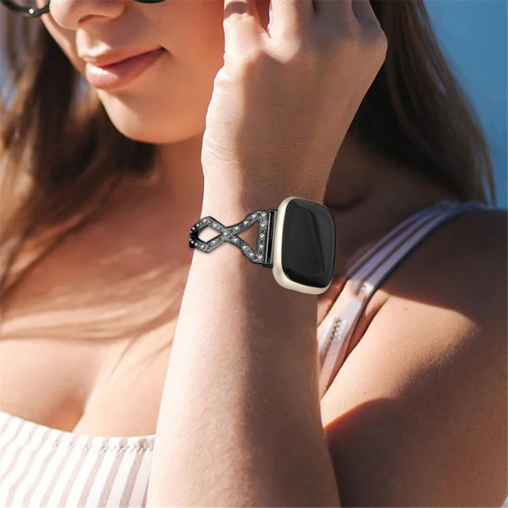 Hollow Out Rhinestone Decor 304 Stainless Steel Smart Watch Strap Women Slide Bracelet Wristband for Fitbit Versa 3/Fitbit Sense - Black - 6