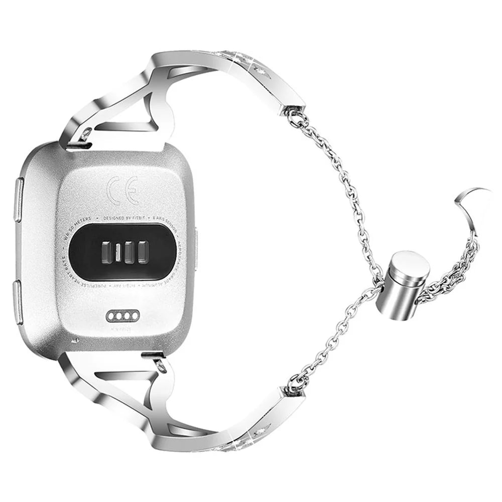 Fashion Women Hollow Out 304 Stainless Steel Rhinestone Decor Slide Bracelet Smart Watch Band for Fitbit Versa 2/Fitbit Versa/Versa Lite/Versa SE - Silver - 1
