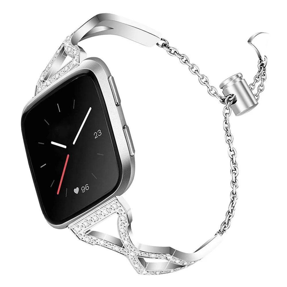 Fashion Women Hollow Out 304 Stainless Steel Rhinestone Decor Slide Bracelet Smart Watch Band for Fitbit Versa 2/Fitbit Versa/Versa Lite/Versa SE - Silver - 3