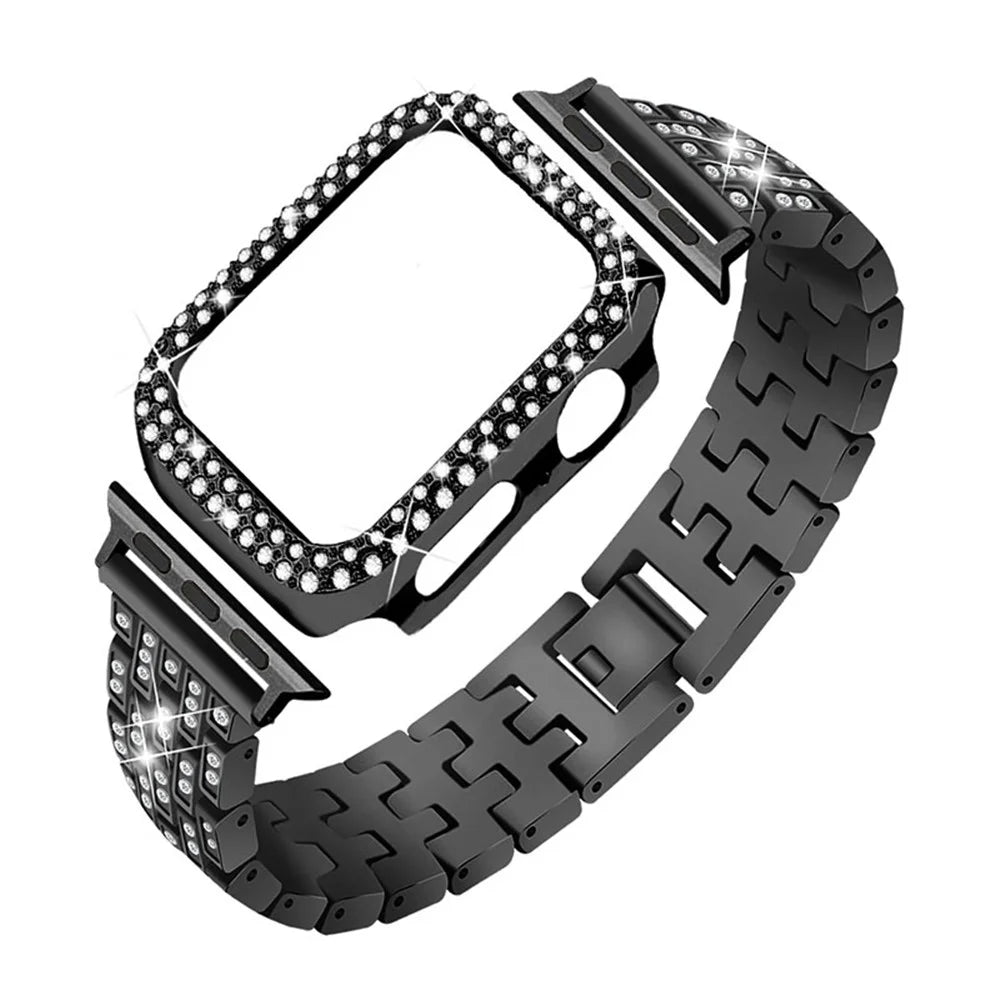Five Beads Rhinestone Metal Watch Band + Anti-fall Protective Cover Case for Apple Watch SE 40mm Series 6/5/4 40mm - Black - 1