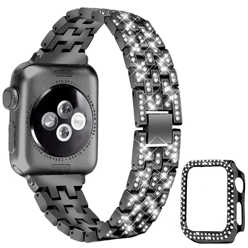 Five Beads Rhinestone Metal Watch Band + Anti-fall Protective Cover Case for Apple Watch SE 40mm Series 6/5/4 40mm - Black - 2
