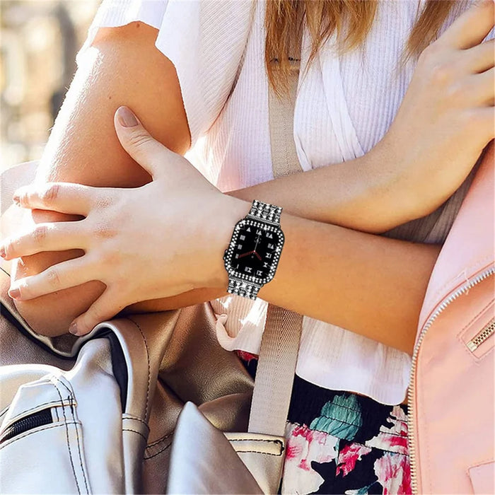 Five Beads Rhinestone Metal Watch Band + Anti-fall Protective Cover Case for Apple Watch SE 40mm Series 6/5/4 40mm - Black - 6