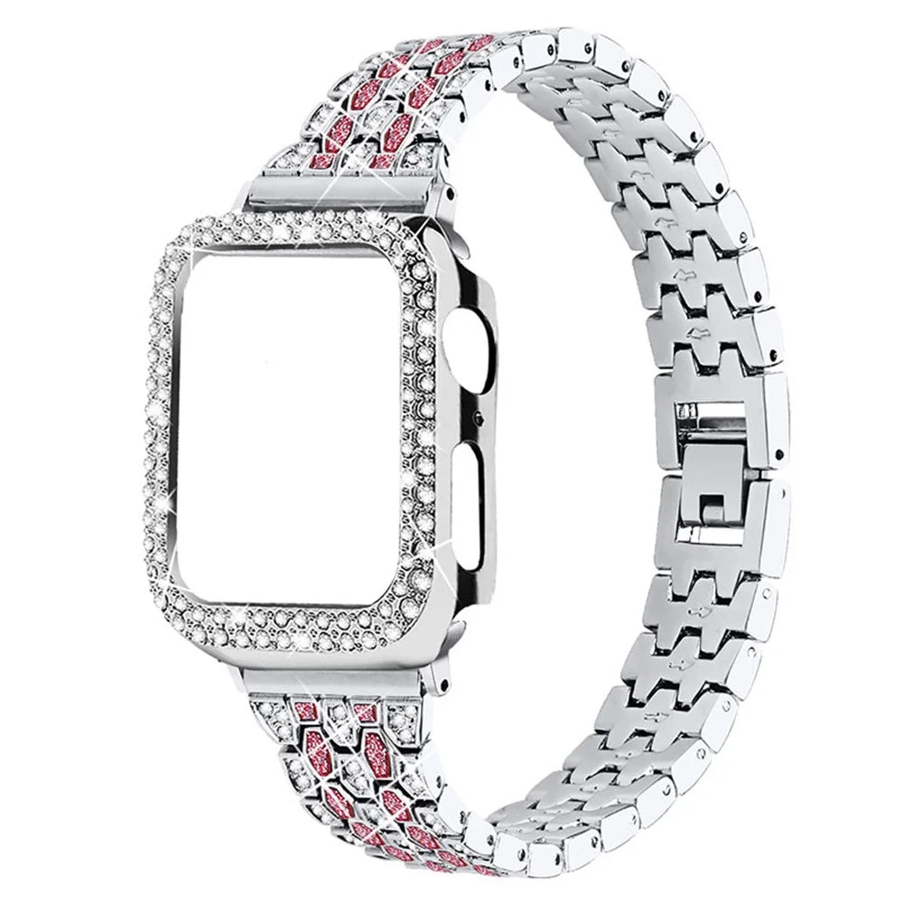 Five Beads Rhinestone Metal Watchband Strap + Anti-scratch Protective Watch Cover Case for Apple Watch Series 3/2/1 42mm - Silver/Rose/Silver - 1