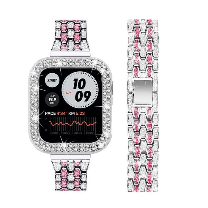 3 Rows Rhinestone Decor 5 Beads Stainless Steel Watchband Wrist Strap + PC Watch Case Protective Cover for Apple Watch Series 6/5/4/SE 40mm - Silver/Rose/Silver - 2