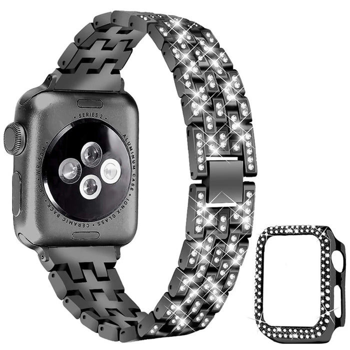 iWatch Rhinestone Decor Stainless Steel 5 Beads Watch Strap + PC Watch Case Protective Cover for Apple Watch Series 7 41mm - Black - 2