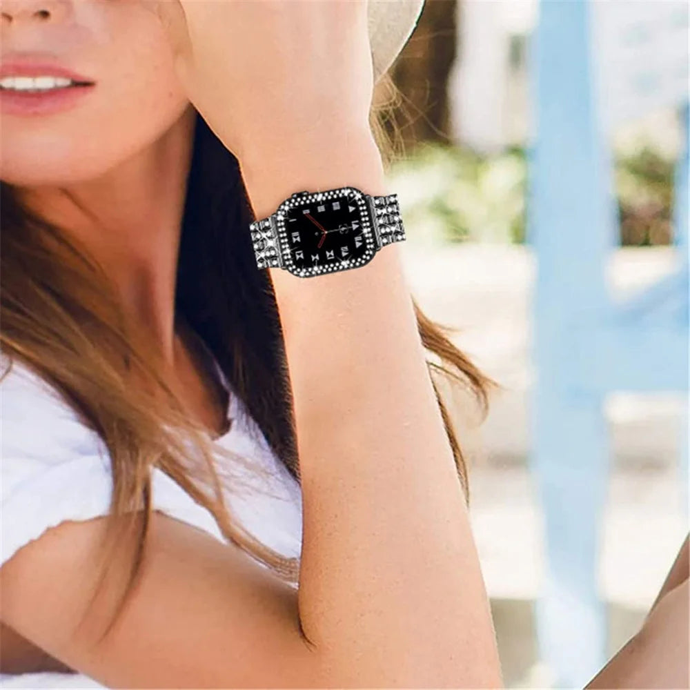 5 Beads Rhinestone Decor Stainless Steel Watch Strap + PC Watch Case Protective Cover for Apple Watch Series 7 45mm - Black - 5