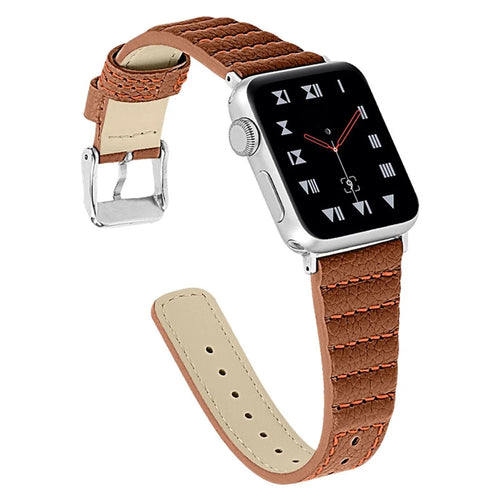 Wave Texture Cowhide Genuine Leather Smart Watch Strap Watchband for Apple Watch Ultra 3 2 1 49mm / Series 11 10 46mm / 9 8 7 45mm / SE3 SE2 SE 6 5 4 44mm / 3 2 1 42mm - Brown - 1