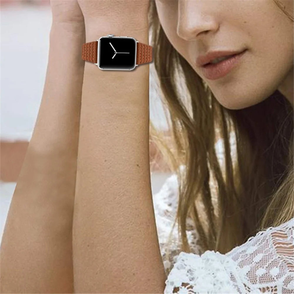 Wave Texture Cowhide Genuine Leather Smart Watch Strap Watchband for Apple Watch Ultra 3 2 1 49mm / Series 11 10 46mm / 9 8 7 45mm / SE3 SE2 SE 6 5 4 44mm / 3 2 1 42mm - Brown - 4