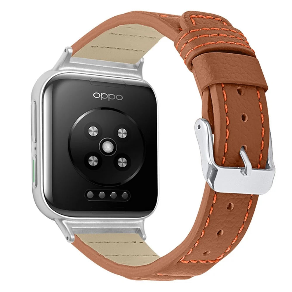 Top Layer Cowhide Genuine Leather Stylish Wave Texture Wrist Band Replacement Smart Watch Strap with Buckle for Oppo Watch 41mm - Brown - 1