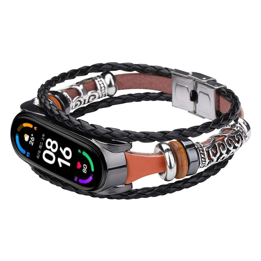 Retro Ethnic Style Smart Watch Wrist Band Strap Beaded Bracelet for Xiaomi Mi Band 5/6 - Brown/Black - 1