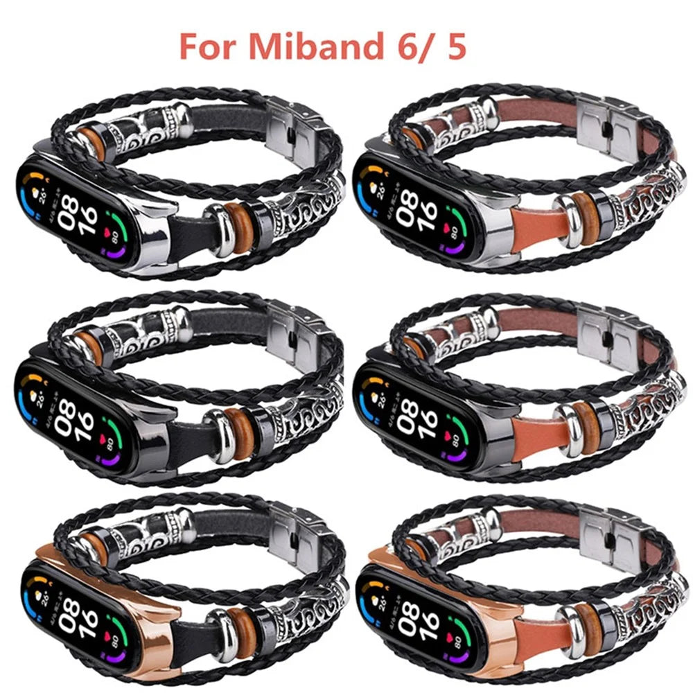Retro Ethnic Style Smart Watch Wrist Band Strap Beaded Bracelet for Xiaomi Mi Band 5/6 - Brown/Black - 5