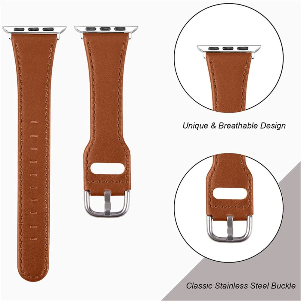 Durable Stylish Genuine Leather Watch Band Quick Release Strap Replacement for Apple Watch Ultra 3 2 1 49mm / Series 11 10 46mm / 9 8 7 45mm / SE3 SE2 SE 6 5 4 44mm / 3 2 1 42mm - Brown - 3
