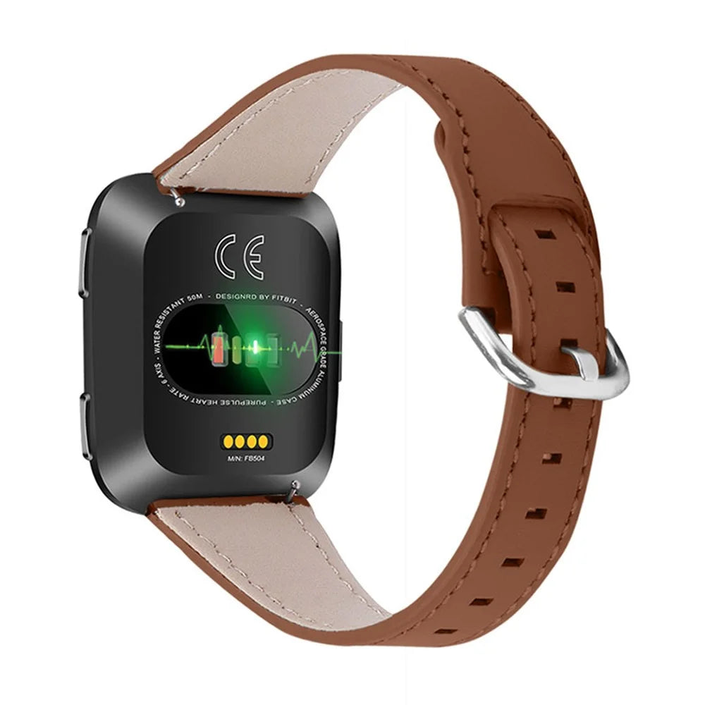 Cowhide Genuine Leather Watch Band Stainless Steel Buckle Wrist Strap for Fitbit Versa 2/Fitbit Versa/Fitbit Versa Lite/Fitbit Versa SE - Brown - 1