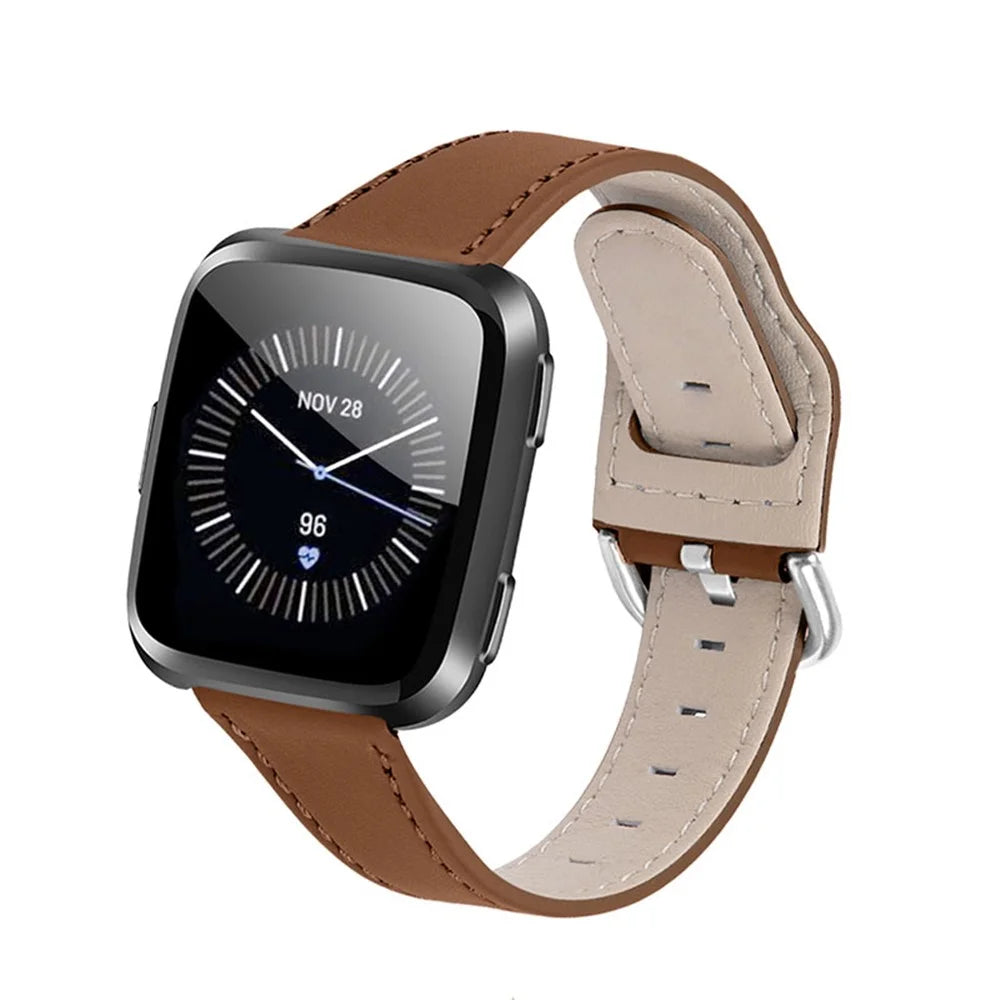 Cowhide Genuine Leather Watch Band Stainless Steel Buckle Wrist Strap for Fitbit Versa 2/Fitbit Versa/Fitbit Versa Lite/Fitbit Versa SE - Brown - 2