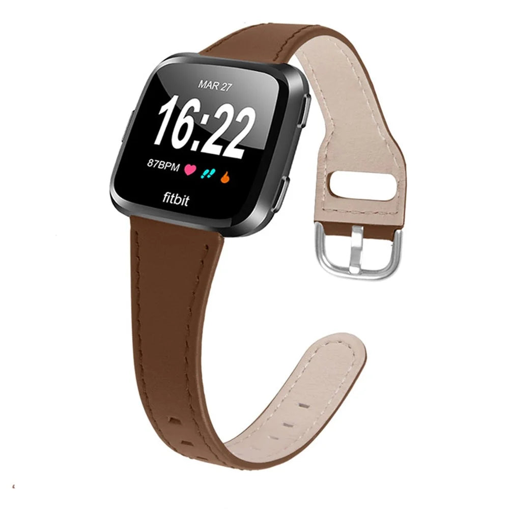 Cowhide Genuine Leather Watch Band Stainless Steel Buckle Wrist Strap for Fitbit Versa 2/Fitbit Versa/Fitbit Versa Lite/Fitbit Versa SE - Brown - 3