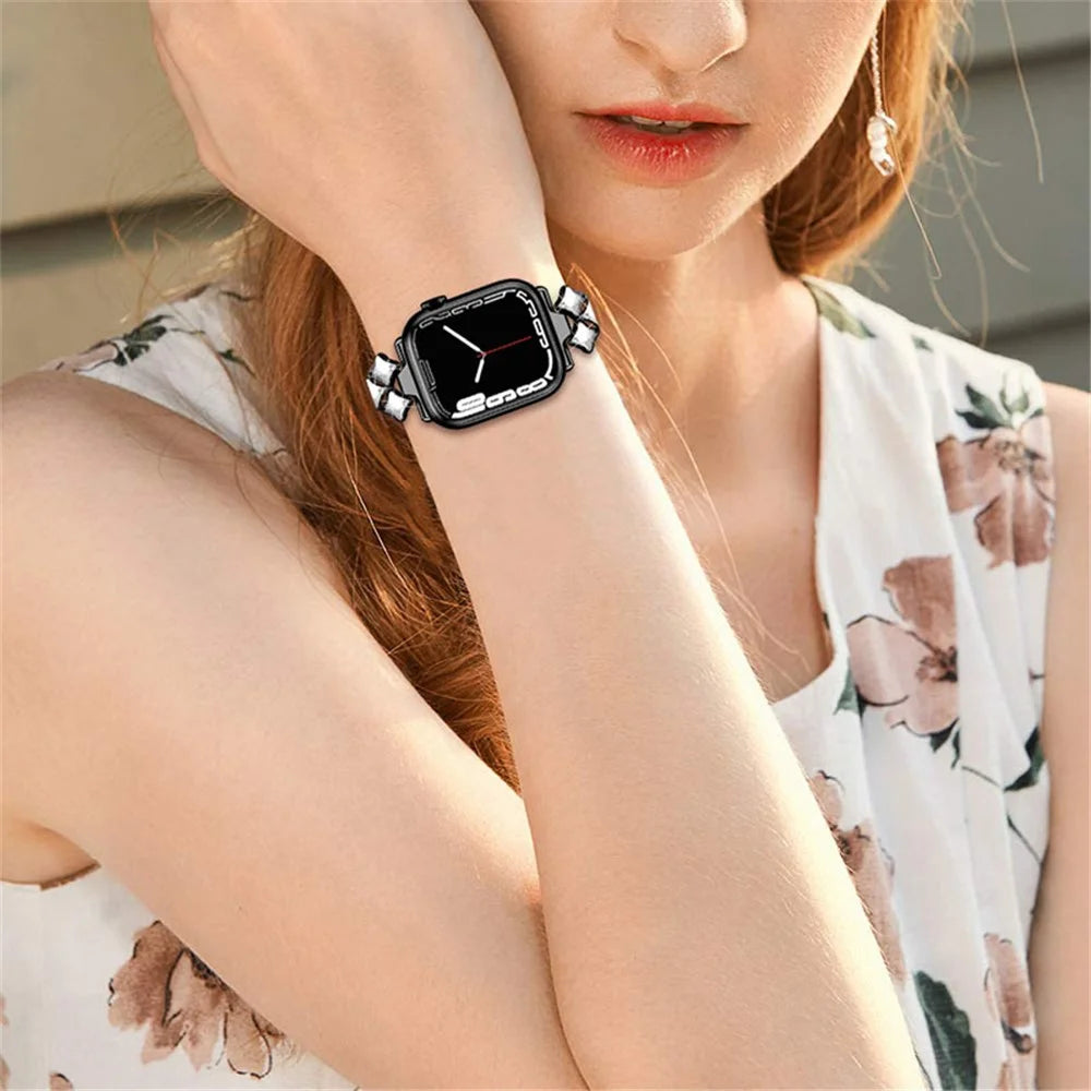 Rhinestone Rhombus Stainless Steel Watch Strap Replacement for Apple Watch Series 11 10 42mm / 9 8 7 41mm / SE3 SE2 SE 6 5 4 40mm / 3 2 1 38mm - Black - 5